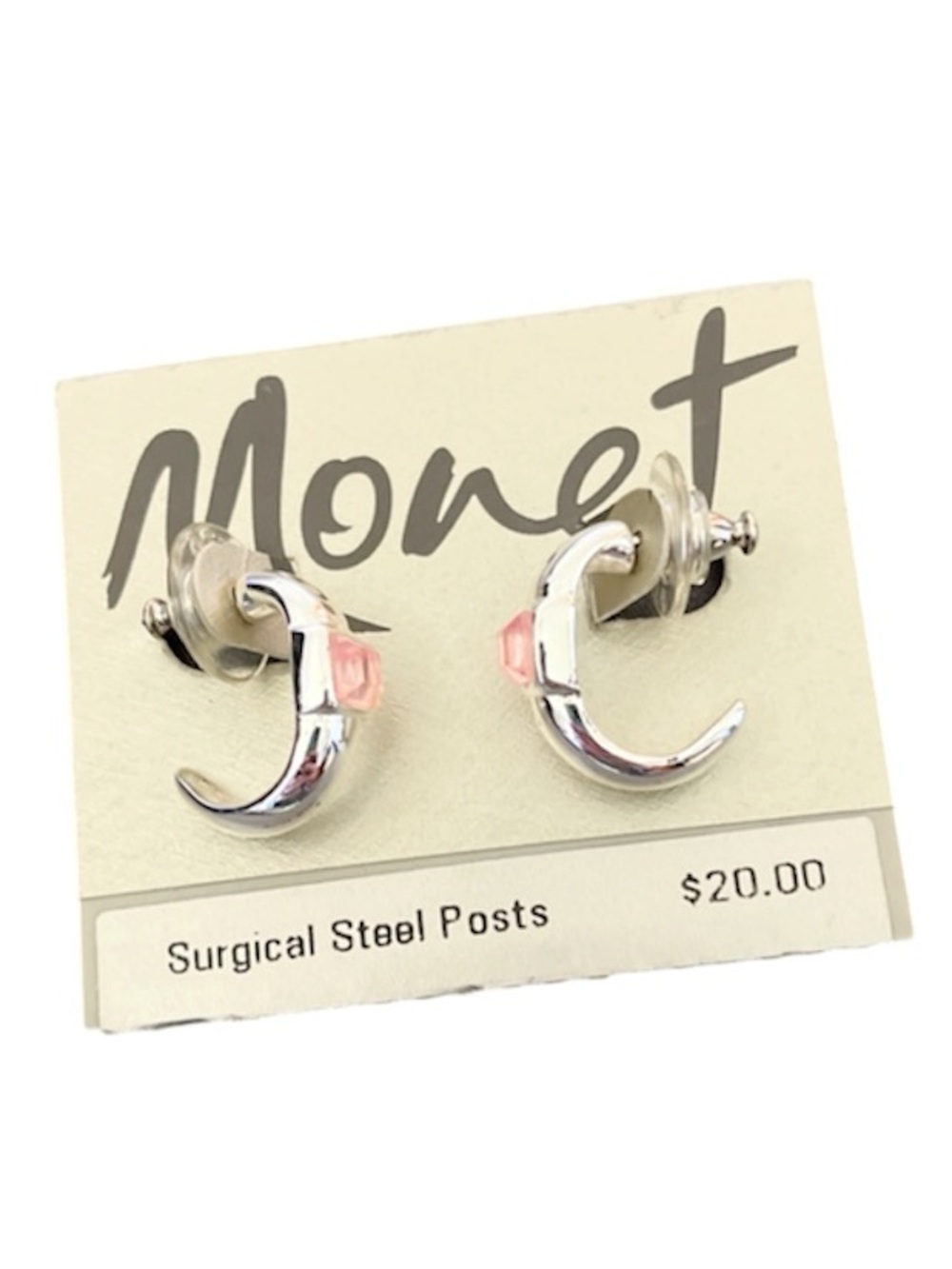 Monet Polished Silver Crescent Stud Earrings with Pink Accents